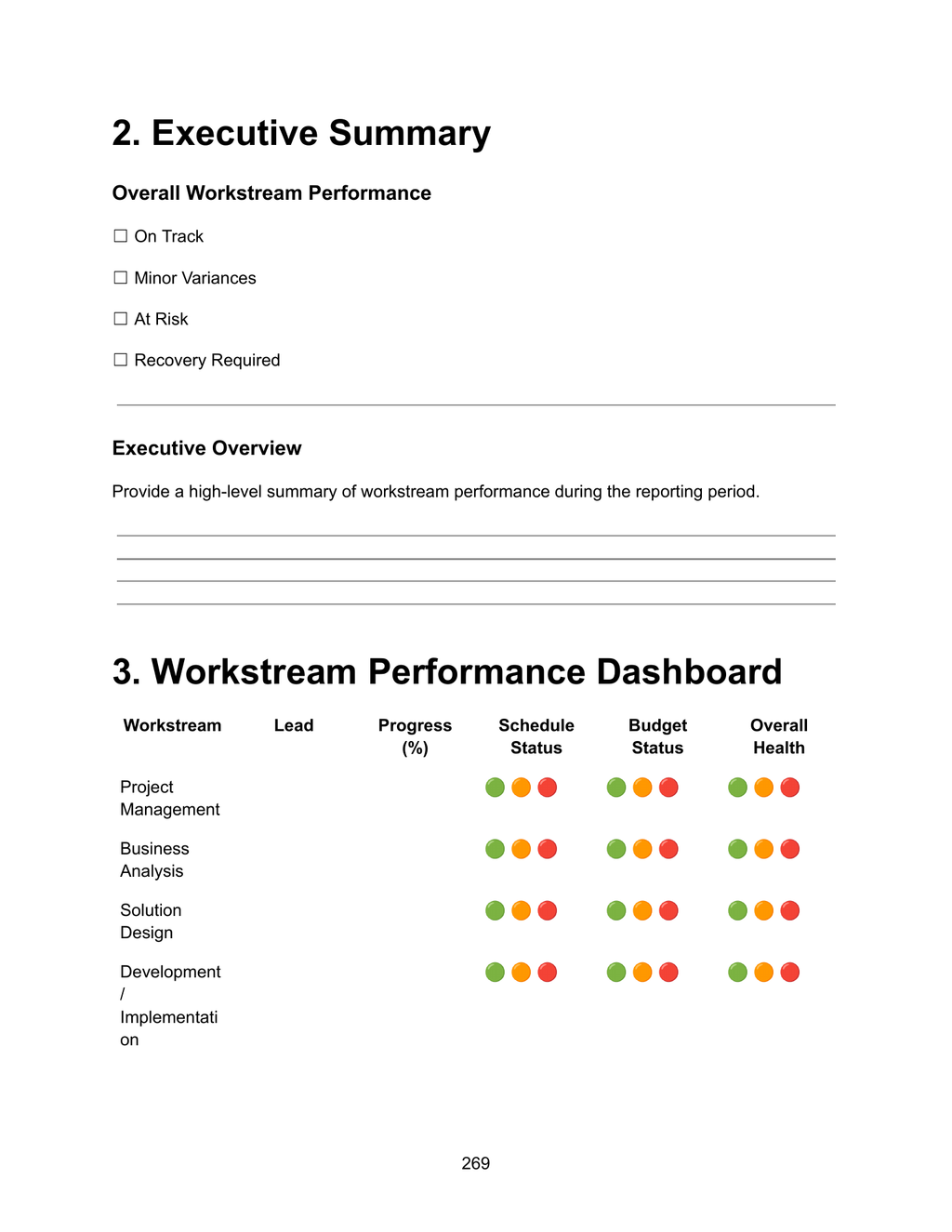 Workstream Status Tracker — Executive Summary and Workstream Performance Dashboard with RAG indicators