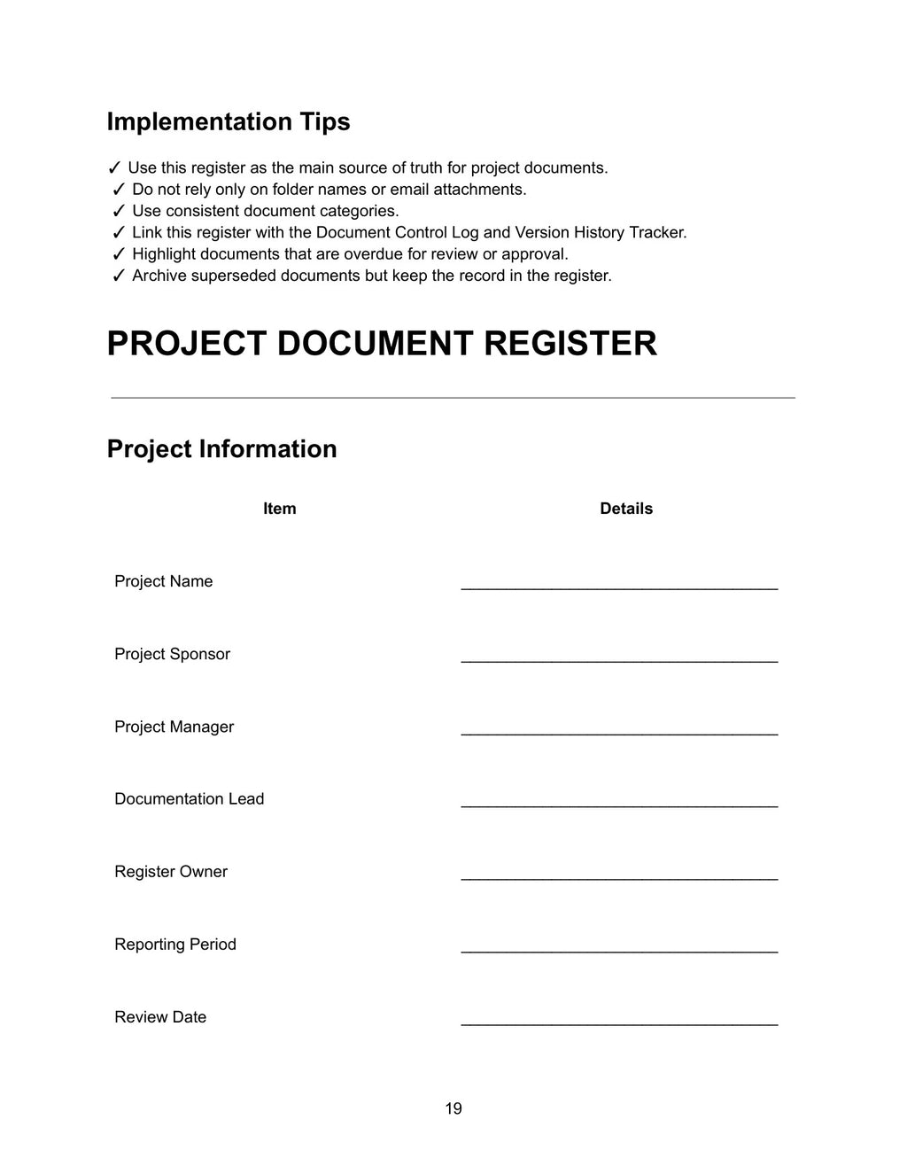 Project Document Register — project information fields including project name, sponsor, manager, documentation lead, register owner, reporting period and review date