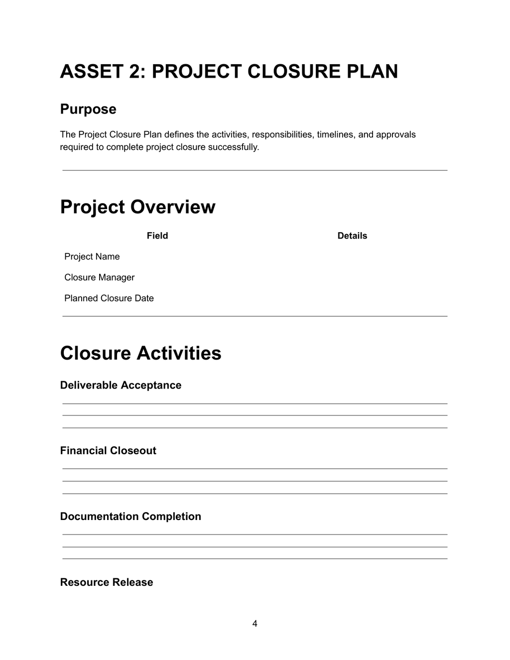 Project Closure Plan — closure activities including deliverable acceptance, financial closeout, documentation completion and resource release