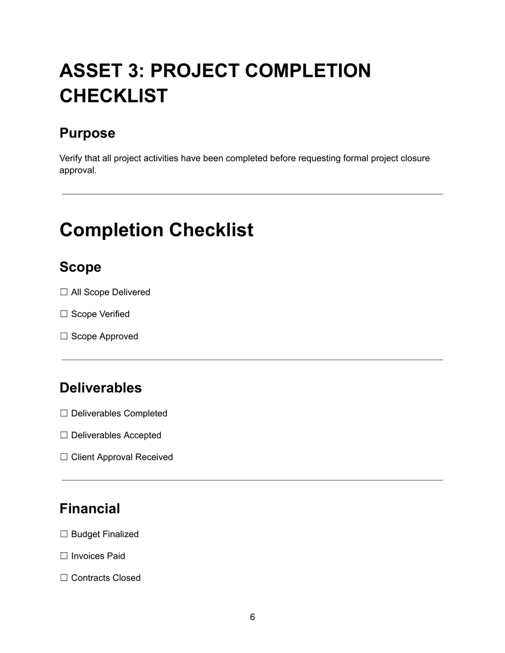 Project Completion Checklist — scope, deliverables and financial completion verification before formal project closure approval
