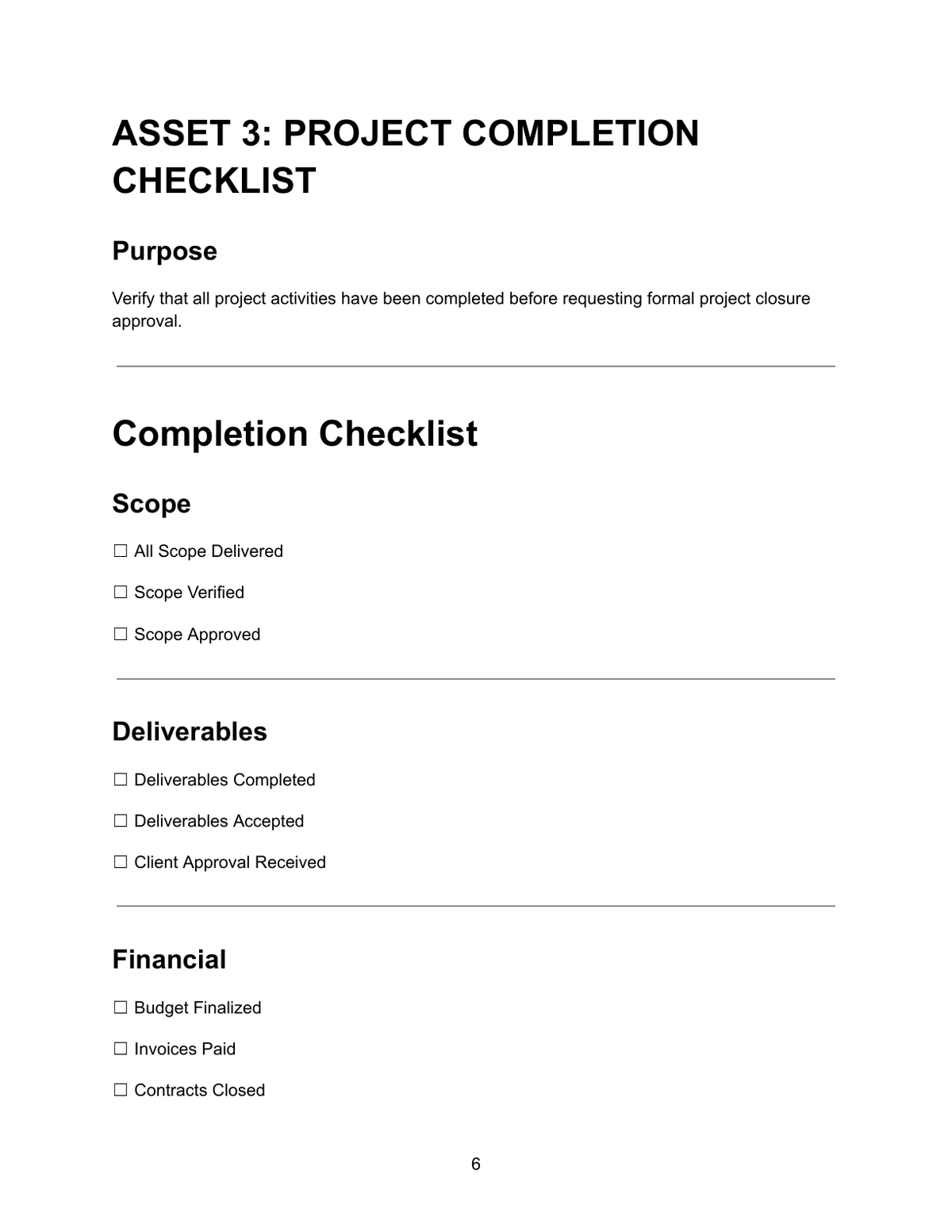 Project Completion Checklist — scope, deliverables and financial completion verification before formal project closure approval