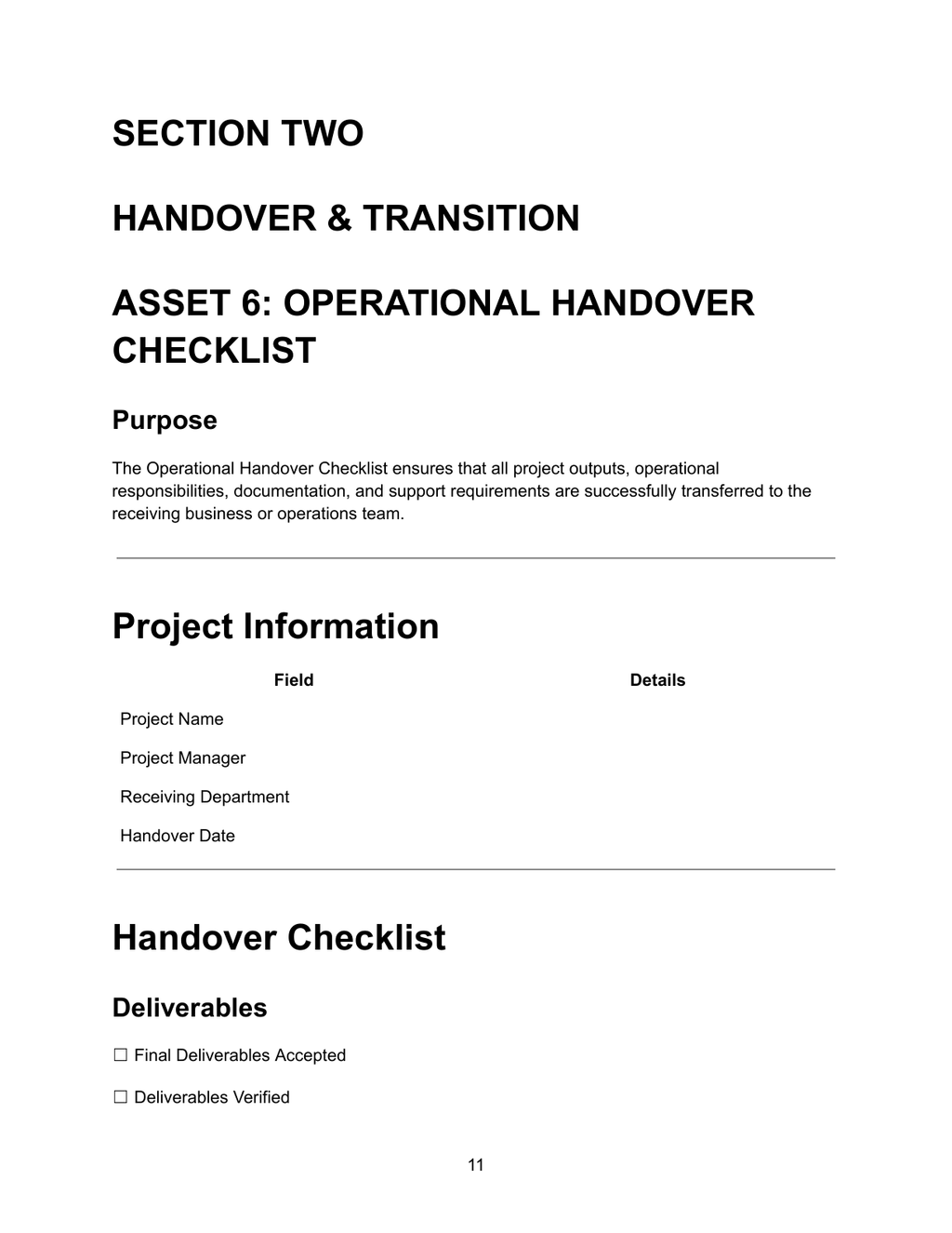 Operational Handover Checklist — project information, handover checklist and deliverables acceptance for transfer to receiving business or operations team