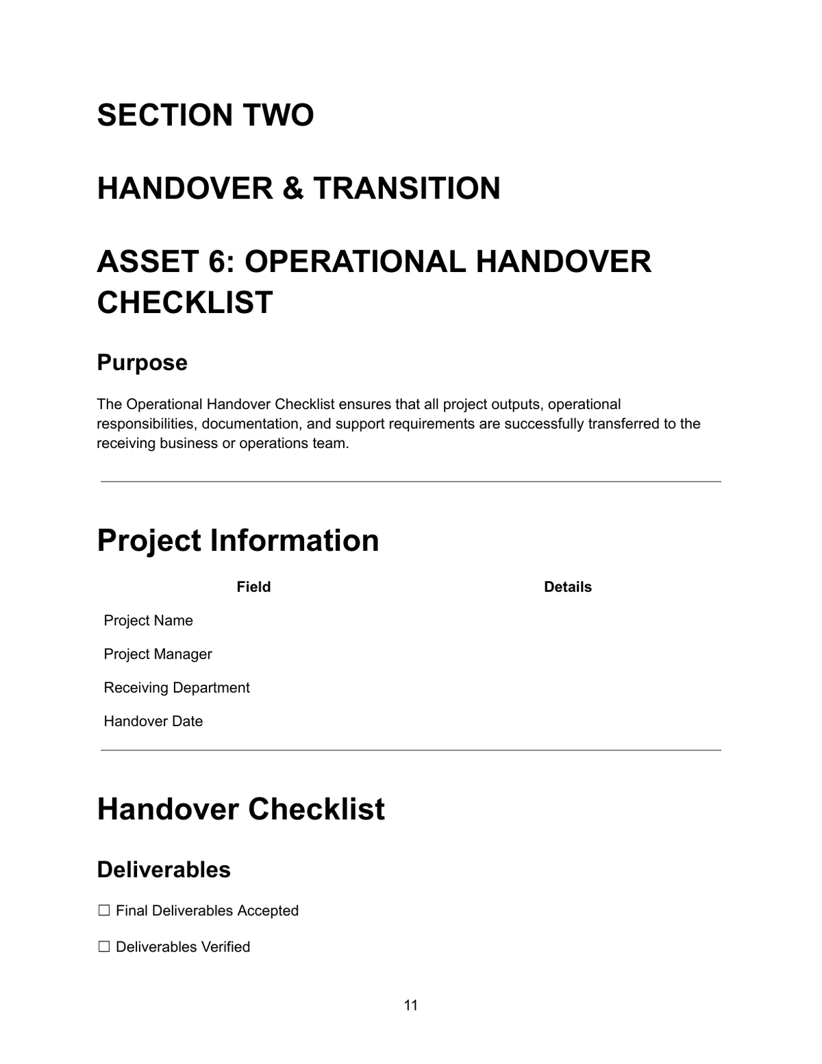 Operational Handover Checklist — project information, handover checklist and deliverables acceptance for transfer to receiving business or operations team