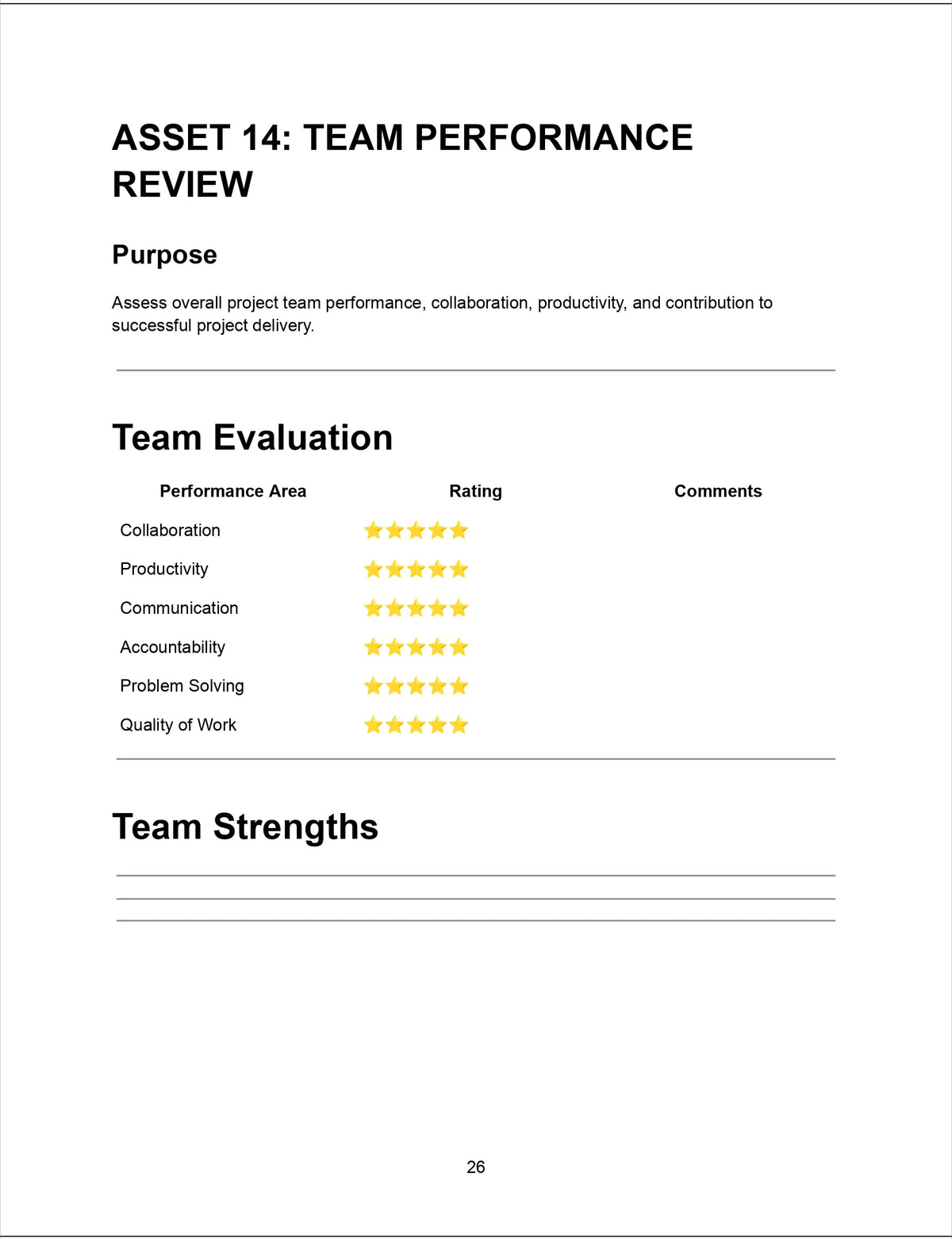 Team Performance Review — team evaluation rating collaboration, productivity, communication, accountability, problem solving and quality of work