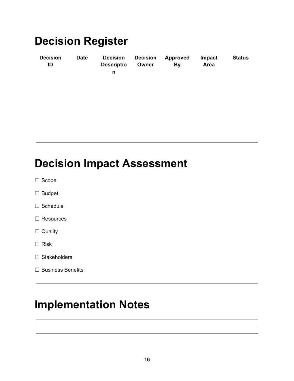 Governance Decision Register and Decision Impact Assessment — decision ID, date, description, owner, approved by, impact area and status