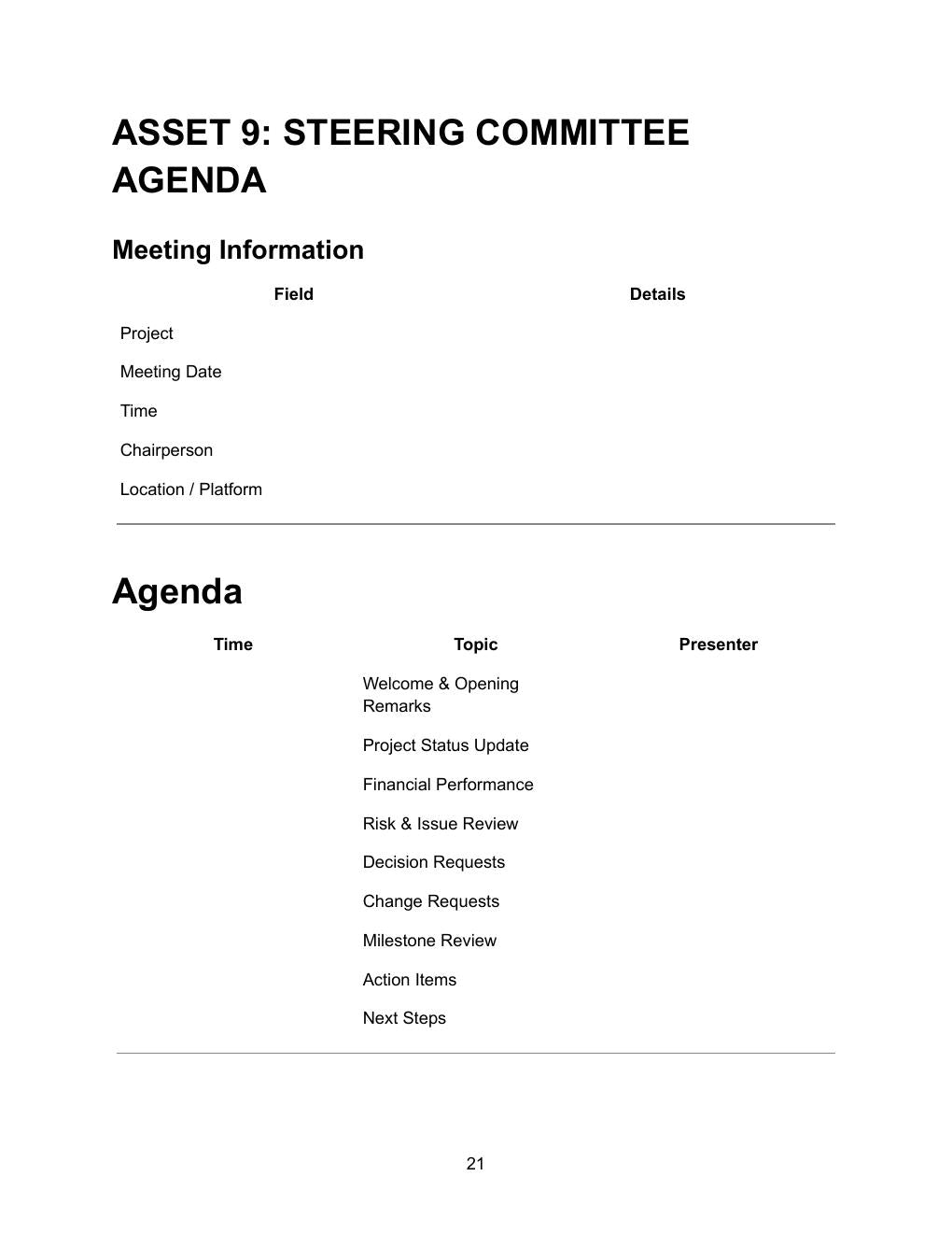 Steering Committee Agenda — meeting information including project, date, time, chairperson, location and structured agenda with topics and presenters