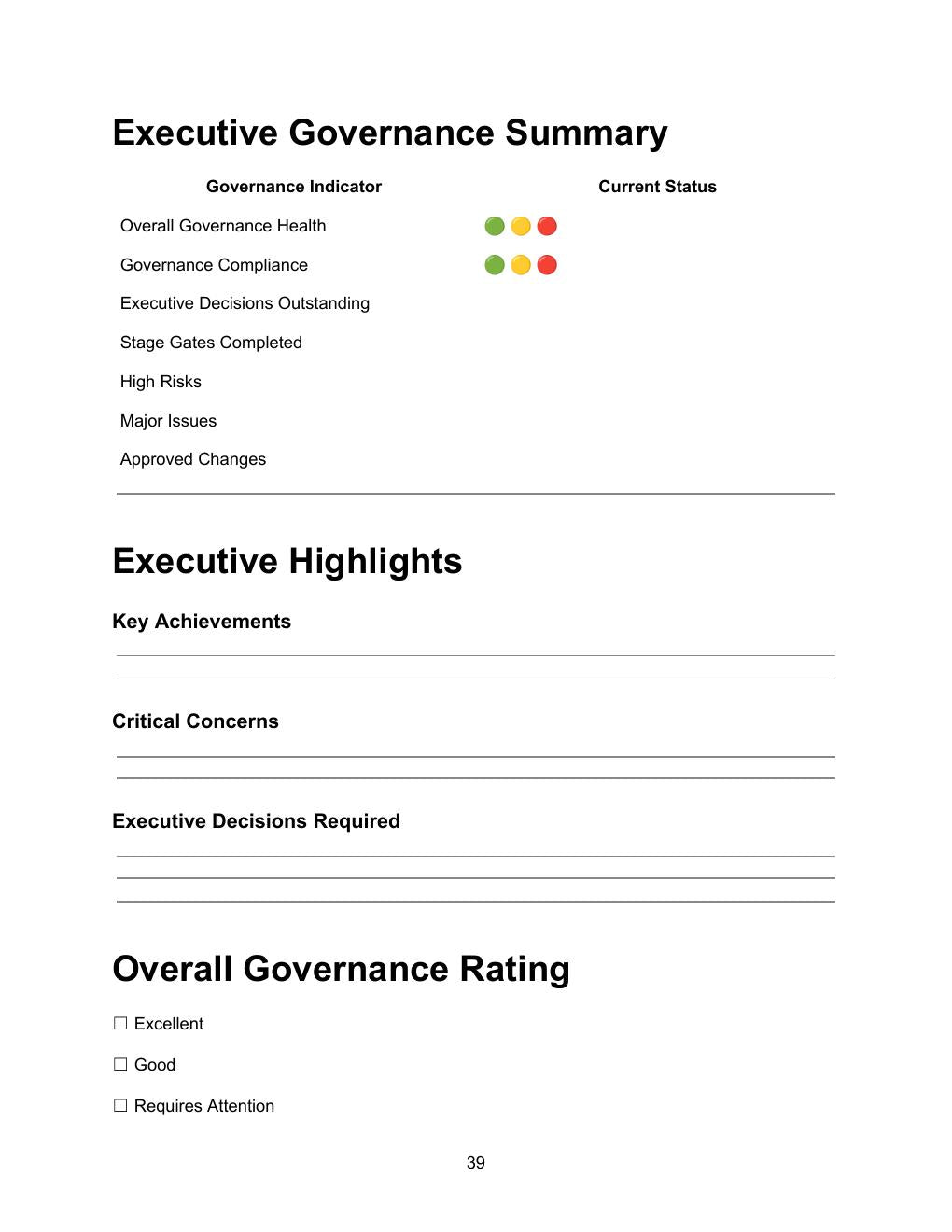 Executive Governance Summary and Dashboard — governance health RAG indicators, executive highlights, key achievements, critical concerns and overall governance rating