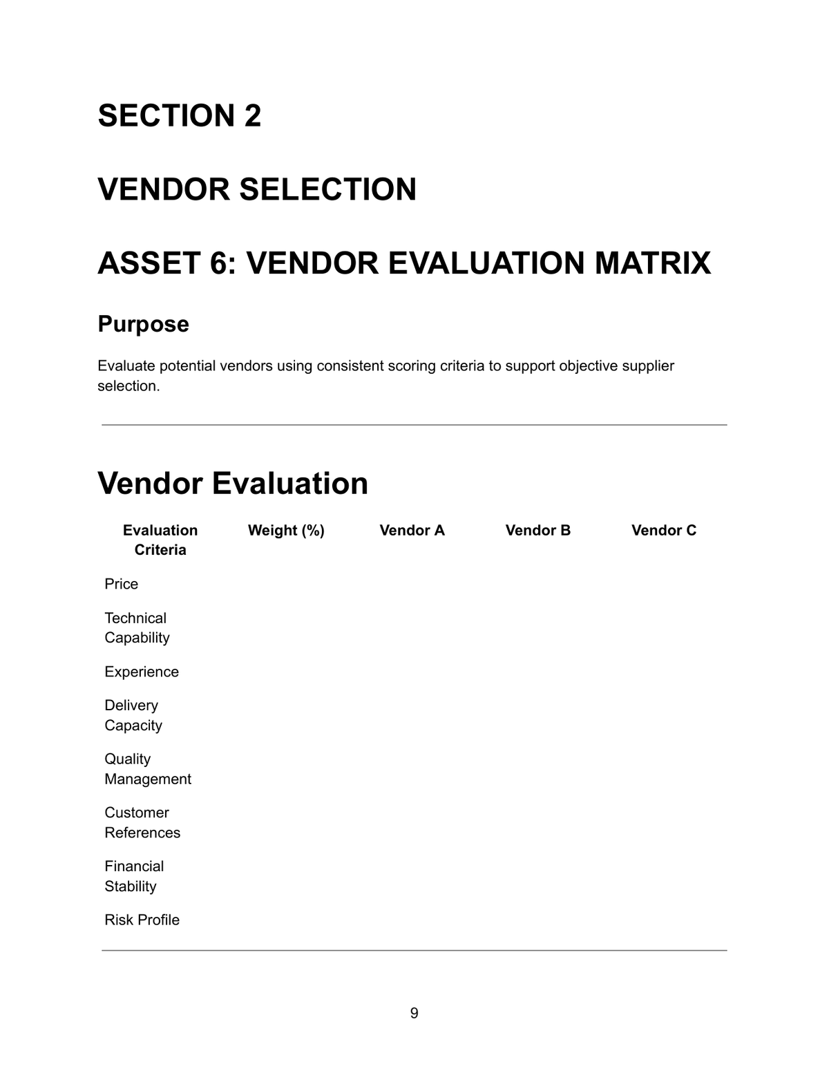 Vendor Evaluation Matrix — evaluation criteria including price, technical capability, experience, delivery capacity, quality management, customer references, financial stability and risk profile scored across Vendor A, B and C