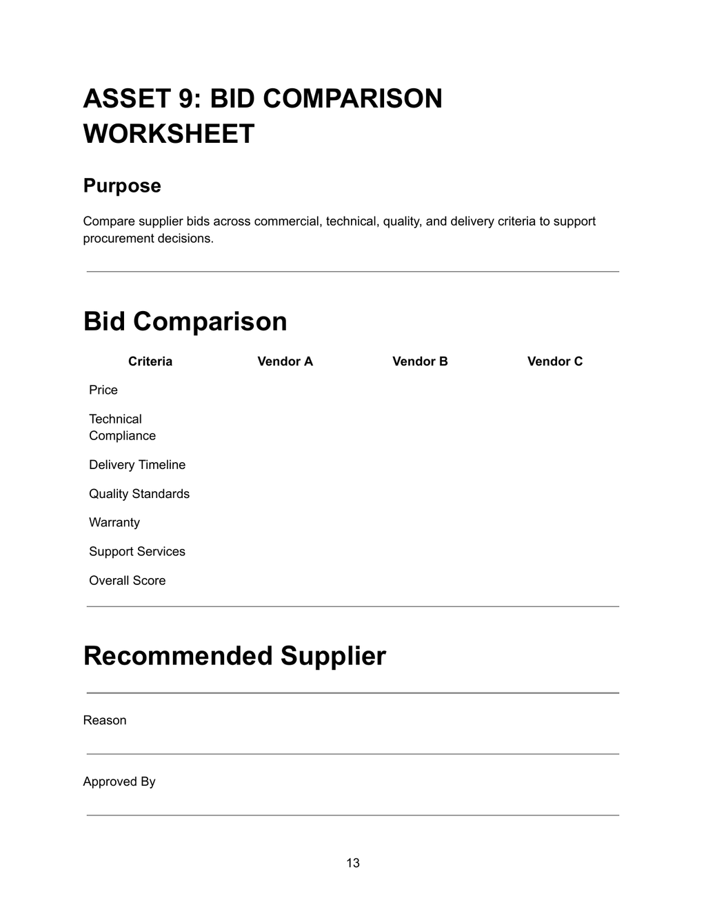 Bid Comparison Worksheet — supplier bid comparison across price, technical compliance, delivery timeline, quality standards, warranty, support services and overall score with recommended supplier and approval