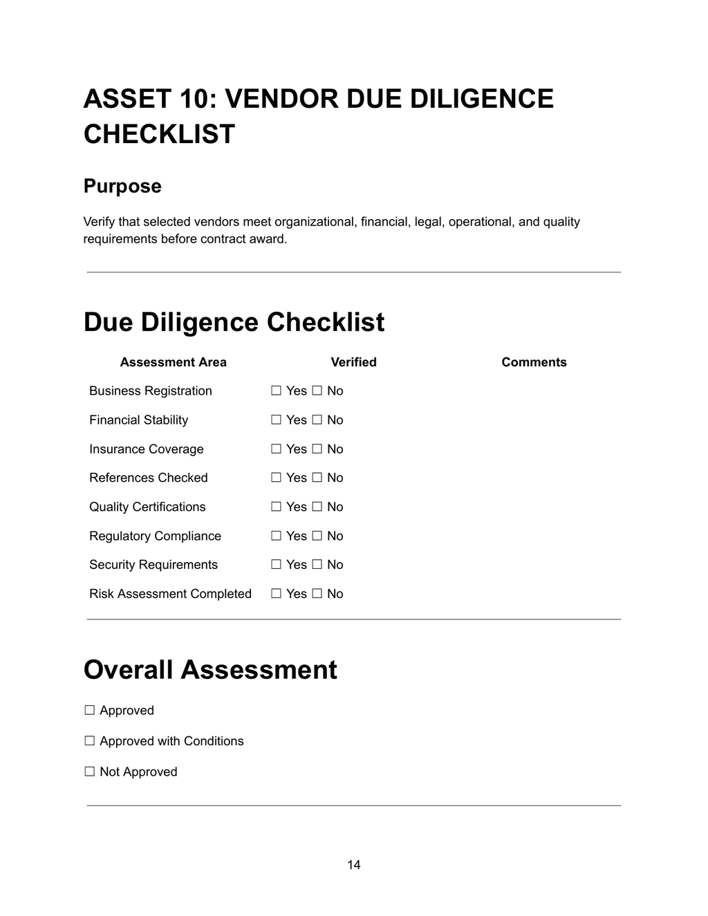 Vendor Due Diligence Checklist — assessment areas including business registration, financial stability, insurance coverage, references, quality certifications, regulatory compliance, security requirements and risk assessment with overall approval status