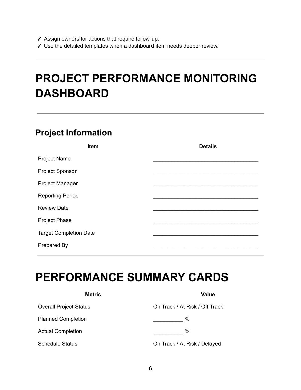 Project Performance Monitoring Dashboard — project information fields including project name, sponsor, manager, reporting period, review date, phase and target completion date, with performance summary cards showing overall project status, planned and actual completion percentages and schedule status