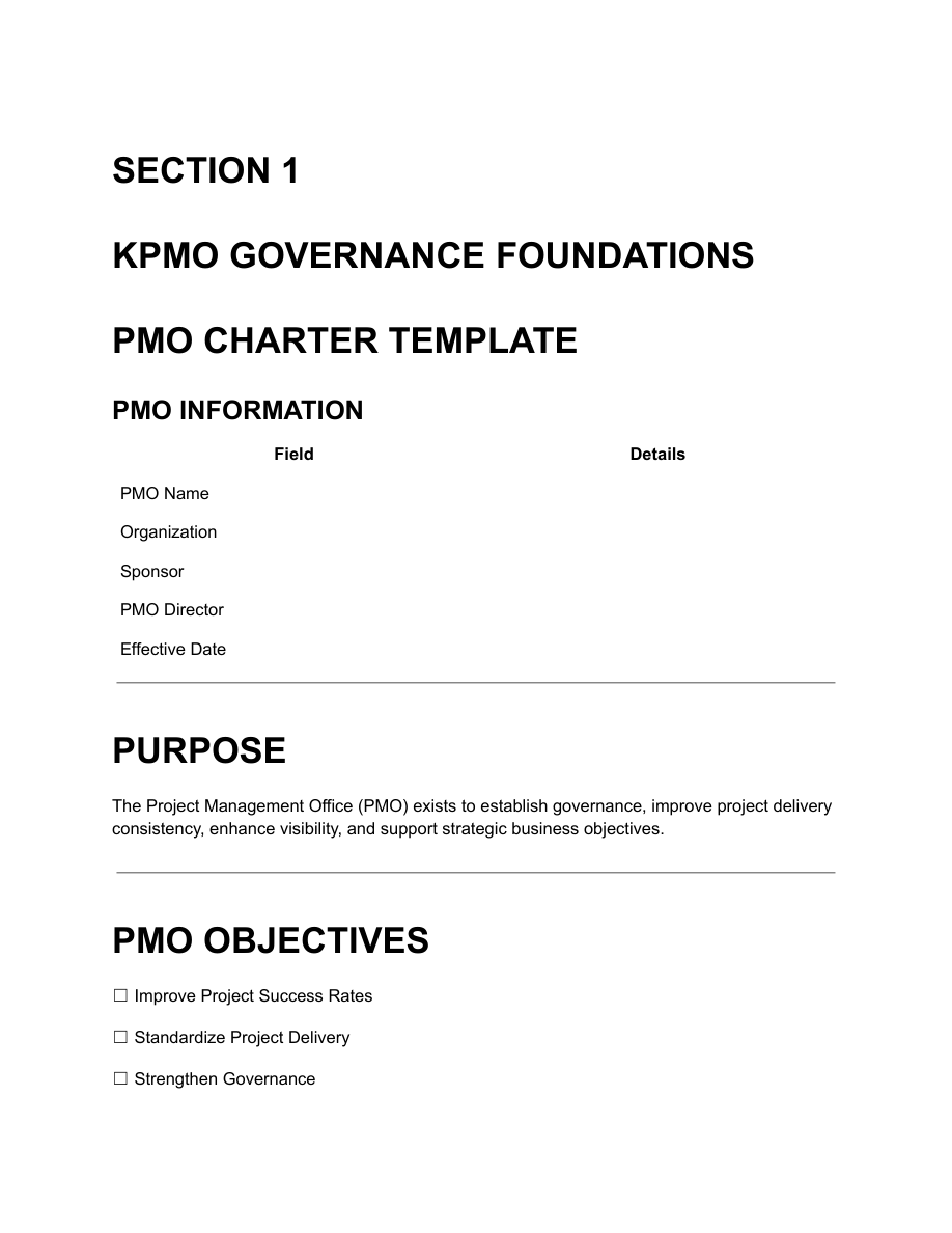 PMO Charter Template — PMO Governance Foundations showing PMO information fields including PMO name, organization, sponsor, PMO director and effective date, purpose statement and PMO objectives to improve project success rates, standardize project delivery and strengthen governance