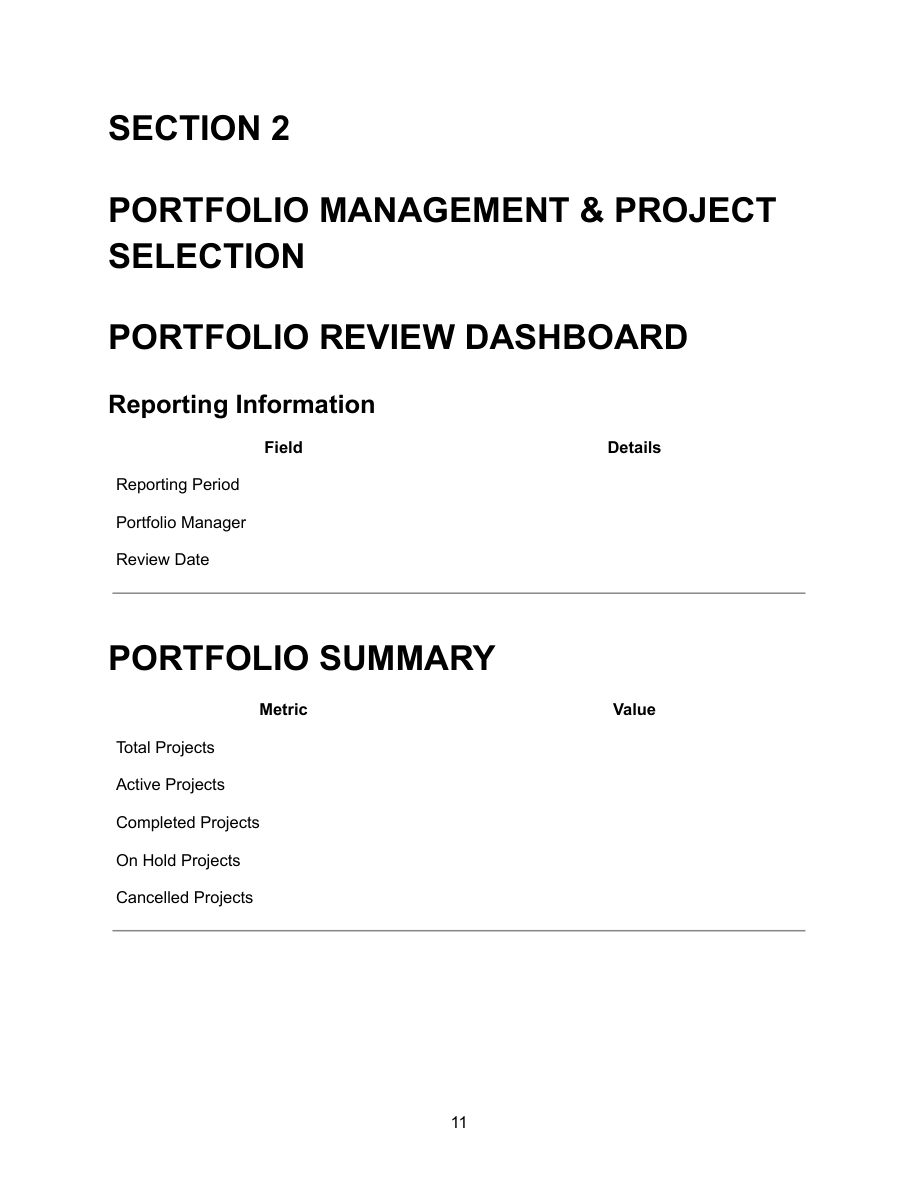 Portfolio Review Dashboard — Portfolio Management and Project Selection section showing reporting information fields for reporting period, portfolio manager and review date, and portfolio summary with metrics for total, active, completed, on hold and cancelled projects