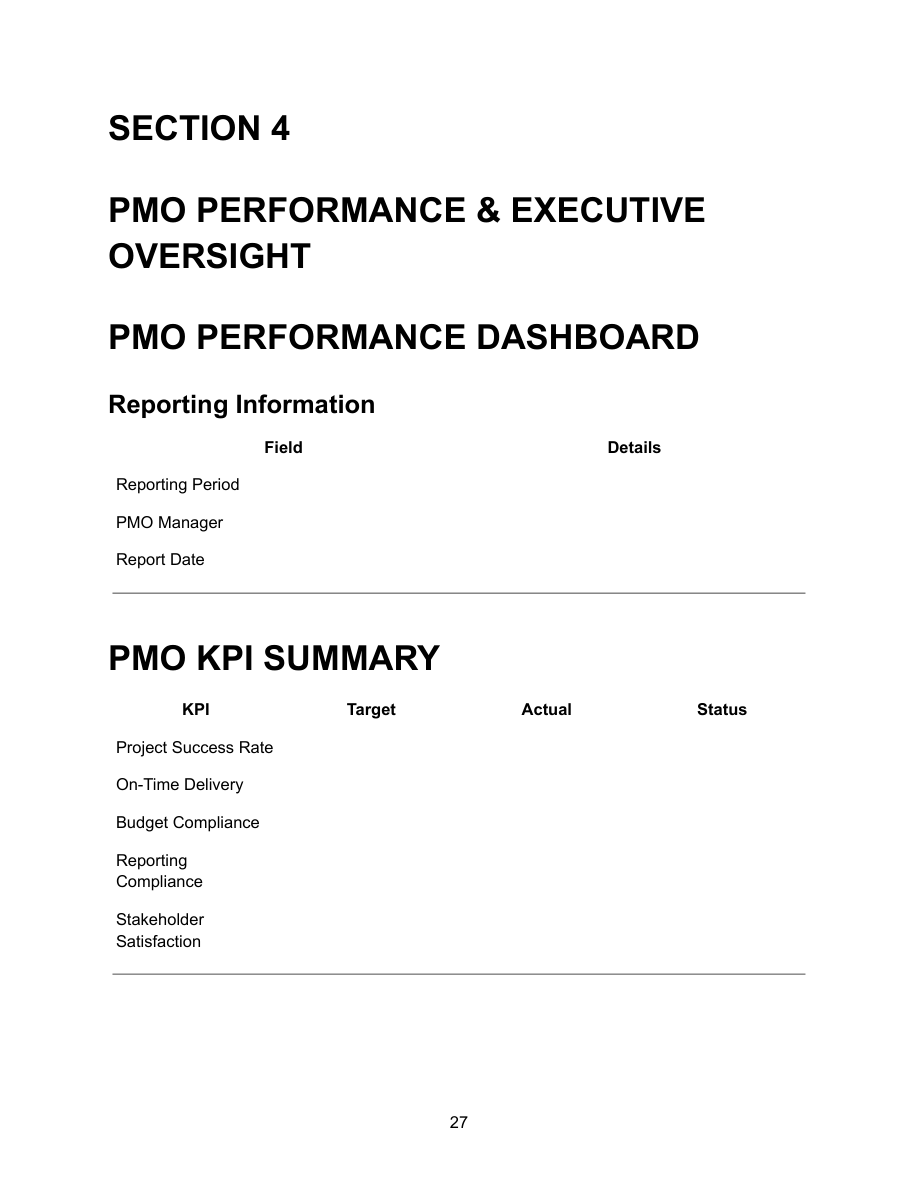 PMO Performance Dashboard — Section 4 PMO Performance and Executive Oversight showing reporting information fields for reporting period, PMO manager and report date, and PMO KPI summary with target, actual and status columns for project success rate, on-time delivery, budget compliance, reporting compliance and stakeholder satisfaction