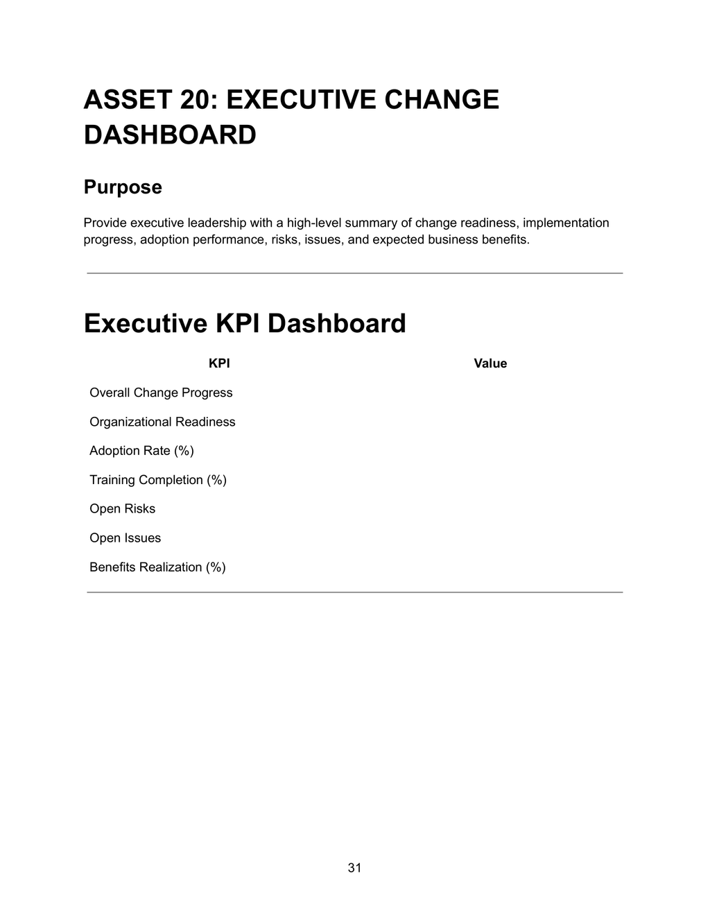 Executive Change Dashboard — Asset 20 showing executive KPI dashboard with KPI column and value column covering overall change progress, organizational readiness, adoption rate percentage, training completion percentage, open risks, open issues and benefits realization percentage