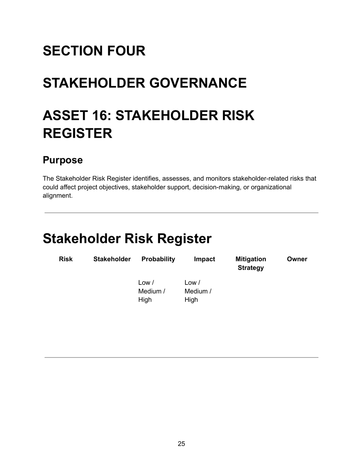 Stakeholder Relationship Scorecard — Asset 15 showing relationship performance table rating trust, engagement, communication quality, responsiveness, collaboration and stakeholder confidence with five star ratings and comments, and overall relationship status options for excellent, good, fair or needs improvement