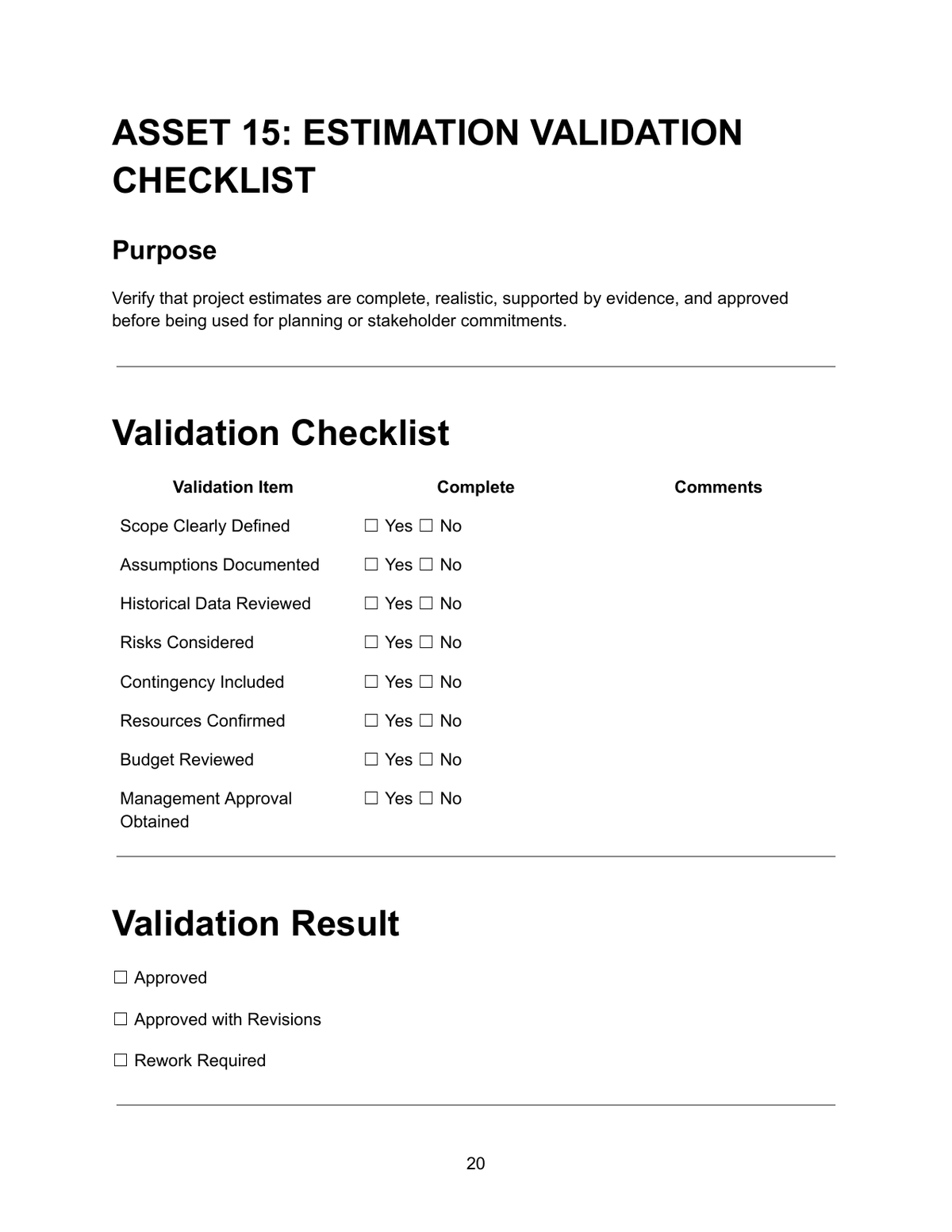 Estimation Validation Checklist — Asset 15 showing validation checklist with Yes or No options for scope clearly defined, assumptions documented, historical data reviewed, risks considered, contingency included, resources confirmed, budget reviewed and management approval obtained, and validation result options approved, approved with revisions or rework required