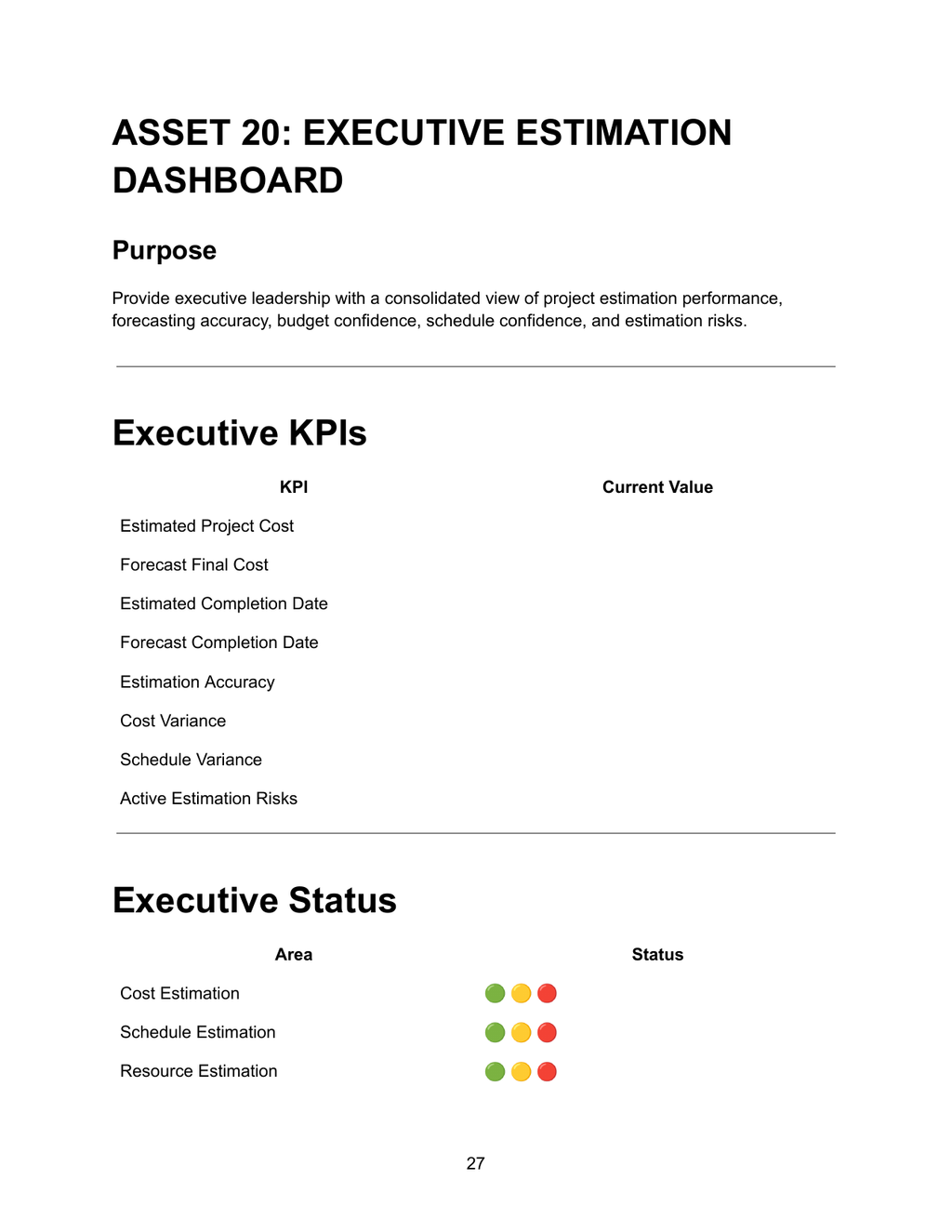 Executive Estimation Dashboard — Asset 20 showing executive KPIs for estimated project cost, forecast final cost, estimated completion date, forecast completion date, estimation accuracy, cost variance, schedule variance and active estimation risks, and executive status table with Green Amber Red RAG indicators for cost estimation, schedule estimation and resource estimation
