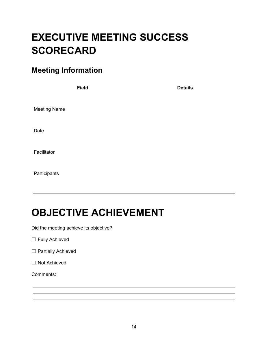 Executive Meeting Success Scorecard showing meeting information table with fields for meeting name, date, facilitator and participants, and objective achievement section asking did the meeting achieve its objective with options fully achieved, partially achieved or not achieved and a comments section