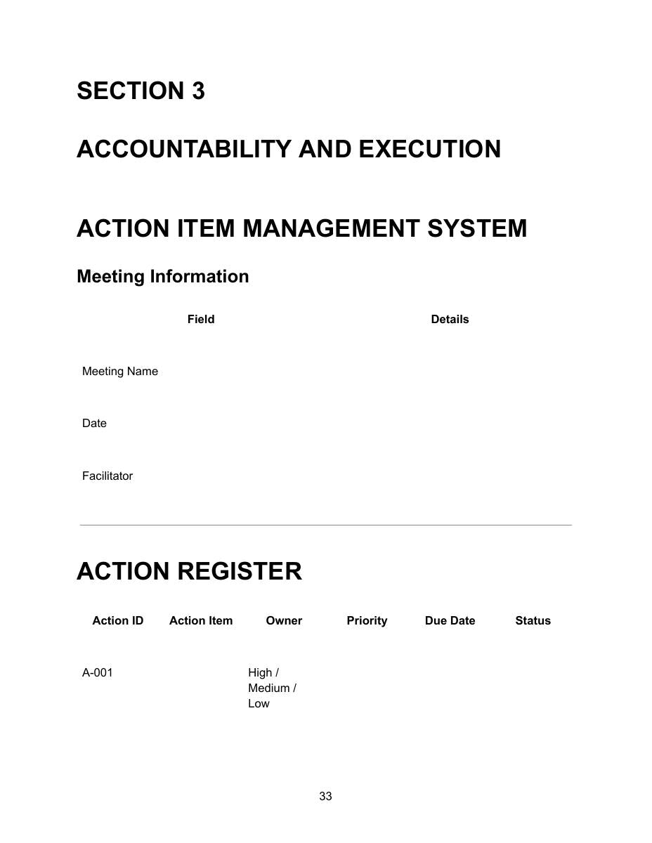 Executive Decision Log showing project or department fields and decision register table with columns for decision ID D-001 to D-004, date, decision, owner, impact with options high medium or low, and status