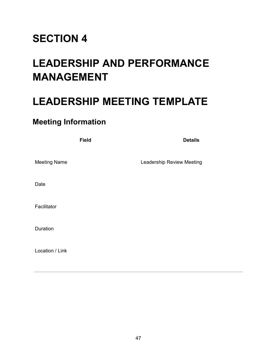 Action Item Management System — Section 3 Accountability and Execution showing meeting information table with fields for meeting name, date and facilitator, and action register table with columns for action ID A-001, action item, owner, priority with options high medium or low, due date and status