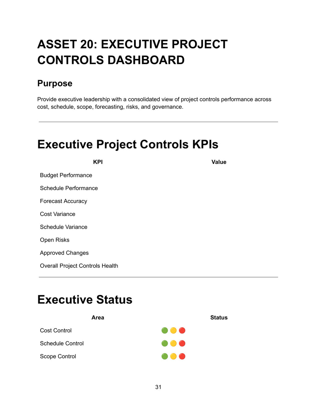 Executive Project Controls Dashboard — Asset 20 showing executive project controls KPIs table with KPI and value columns for budget performance, schedule performance, forecast accuracy, cost variance, schedule variance, open risks, approved changes and overall project controls health, and executive status table with Green Amber Red RAG indicators for cost control, schedule control and scope control