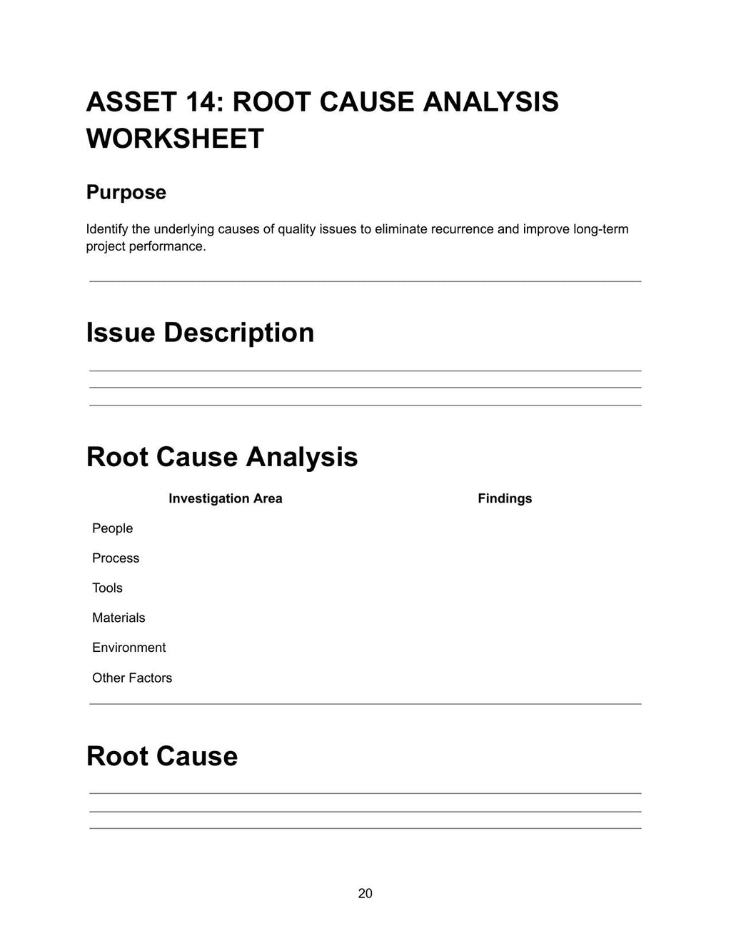 Root Cause Analysis Worksheet — Asset 14 showing purpose to identify underlying causes of quality issues to eliminate recurrence and improve long-term project performance, issue description section, root cause analysis table with investigation area and findings columns for people, process, tools, materials, environment and other factors, and root cause section