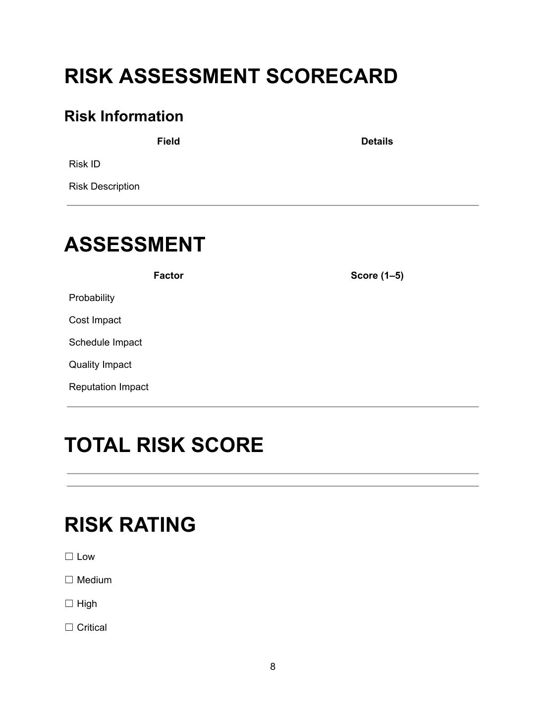 Risk Assessment Scorecard showing risk information table with field and details columns for risk ID and risk description, assessment table with factor and score 1 to 5 columns for probability, cost impact, schedule impact, quality impact and reputation impact, total risk score section, and risk rating options low, medium, high or critical