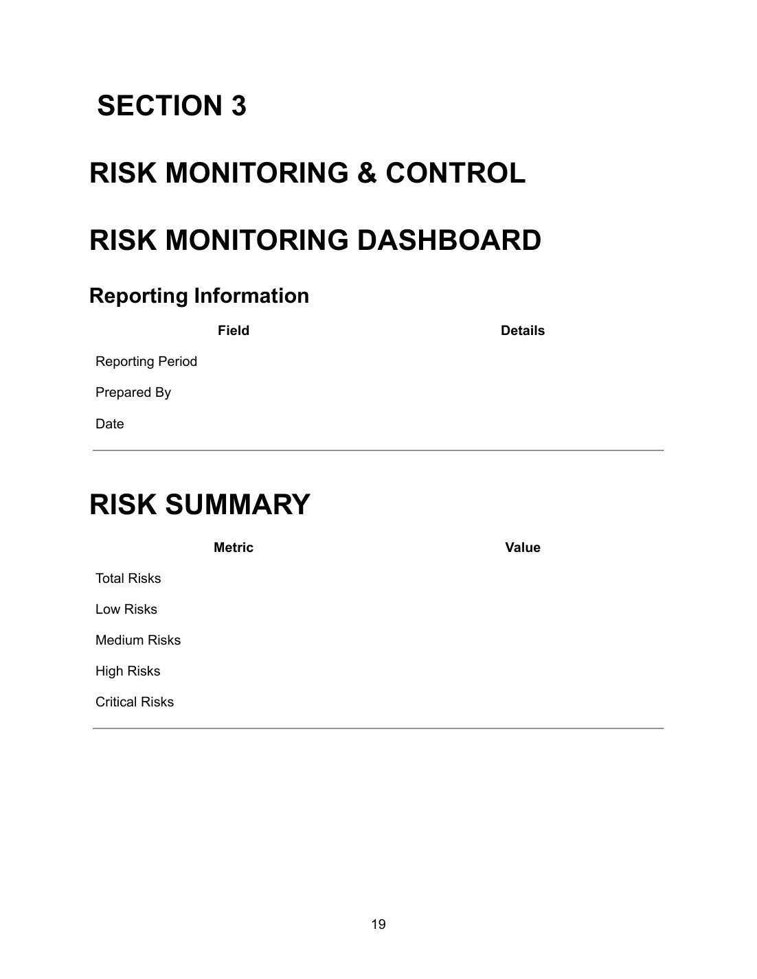 Executive Risk Dashboard — Section 4 Executive Risk Governance and Resilience showing reporting information table with field and details columns for reporting period, executive sponsor and date, and enterprise risk summary table with metric and value columns for total risks, critical risks, high risks, medium risks and low risks