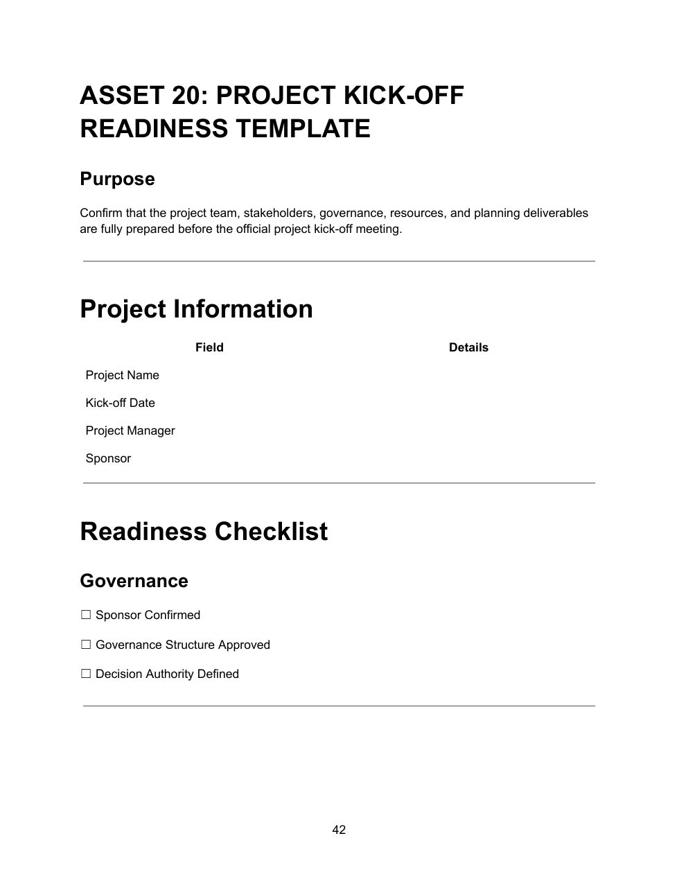 Asset 20 Project Kick-Off Readiness Template showing project information table with project name, kick-off date, project manager and sponsor, and readiness checklist governance section with checkboxes for sponsor confirmed, governance structure approved and decision authority defined