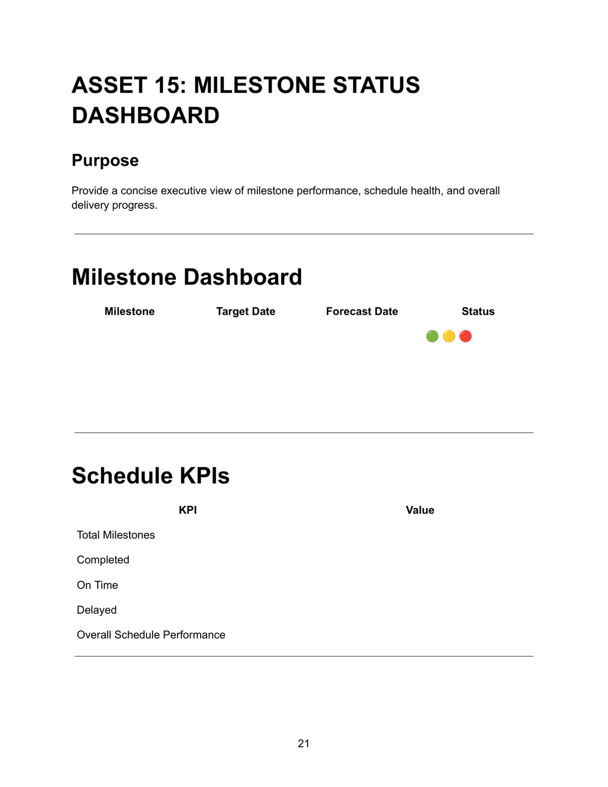 Asset 10 Baseline Schedule Register showing baseline schedule table with columns for deliverable or milestone, baseline date, current forecast, variance and status on track or at risk, baseline summary KPI table with total milestones, on schedule, behind schedule and ahead of schedule, and management comments section
