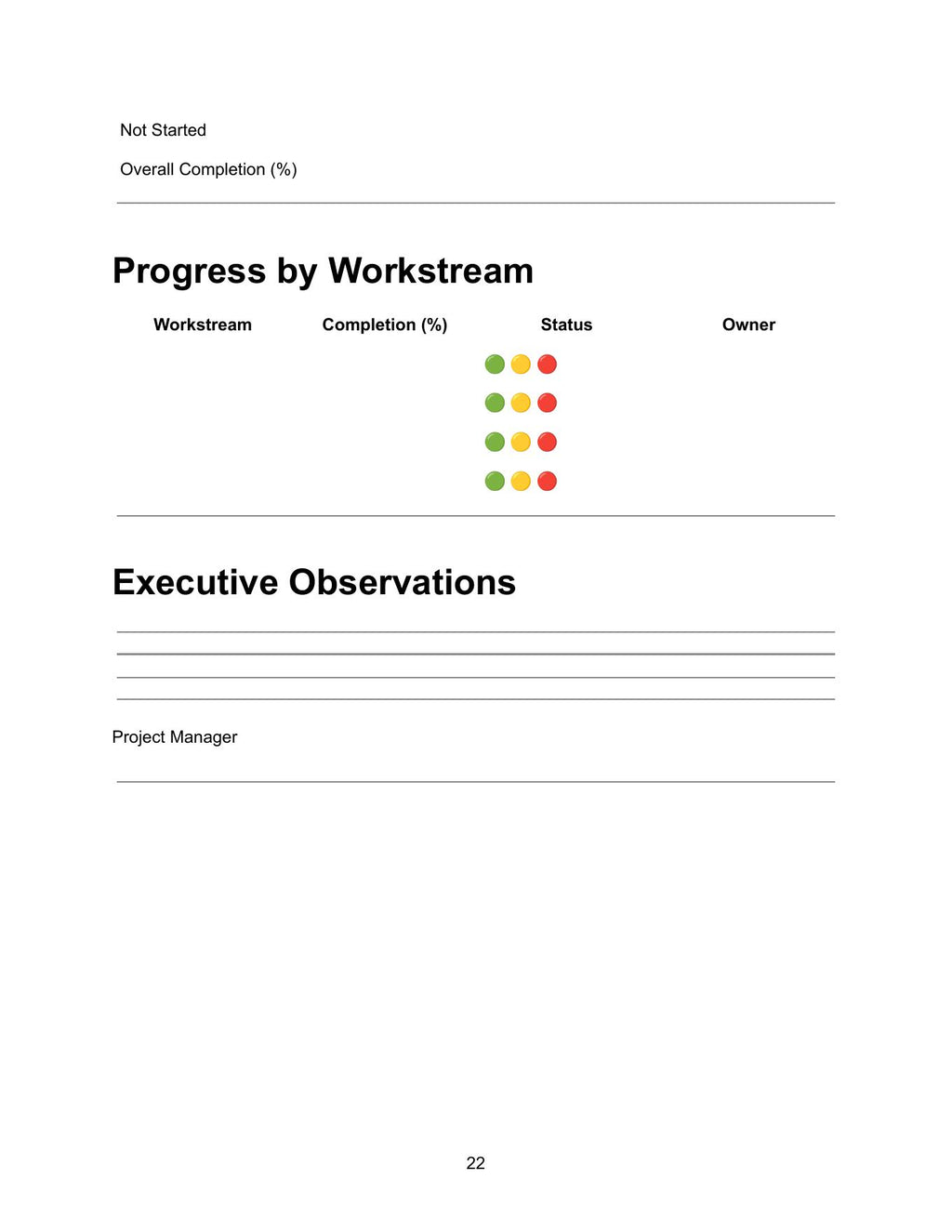 Asset 11 Project Progress Tracker showing progress by workstream table with columns for workstream, completion percentage, Green Amber Red RAG status and owner, executive observations section with lines for notes, and project manager field