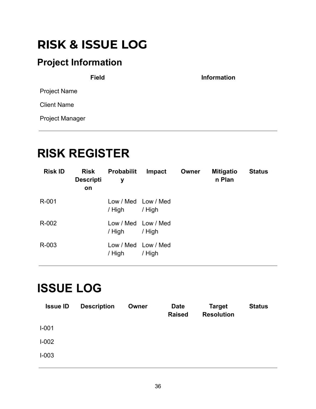 Risk and Issue Log showing project information table with project name, client name and project manager fields, risk register table with risk ID R-001 to R-003, risk description, probability low medium or high, impact low medium or high, owner, mitigation plan and status columns, and issue log table with issue ID I-001 to I-003, description, owner, date raised, target resolution and status columns