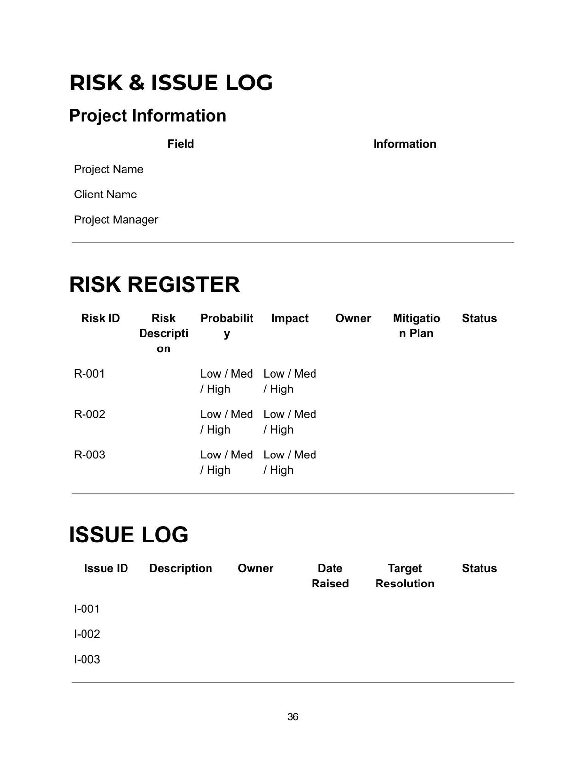 Risk and Issue Log showing project information table with project name, client name and project manager fields, risk register table with risk ID R-001 to R-003, risk description, probability low medium or high, impact low medium or high, owner, mitigation plan and status columns, and issue log table with issue ID I-001 to I-003, description, owner, date raised, target resolution and status columns