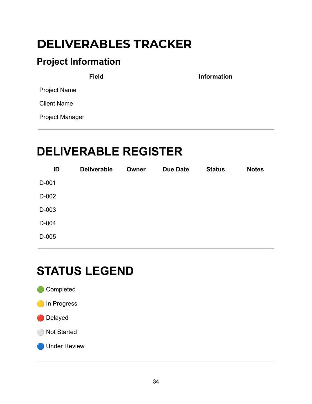 Deliverables Tracker showing project information table with project name, client name and project manager fields, deliverable register table with ID D-001 to D-005, deliverable, owner, due date, status and notes columns, and status legend showing completed green, in progress yellow, delayed red, not started grey and under review blue