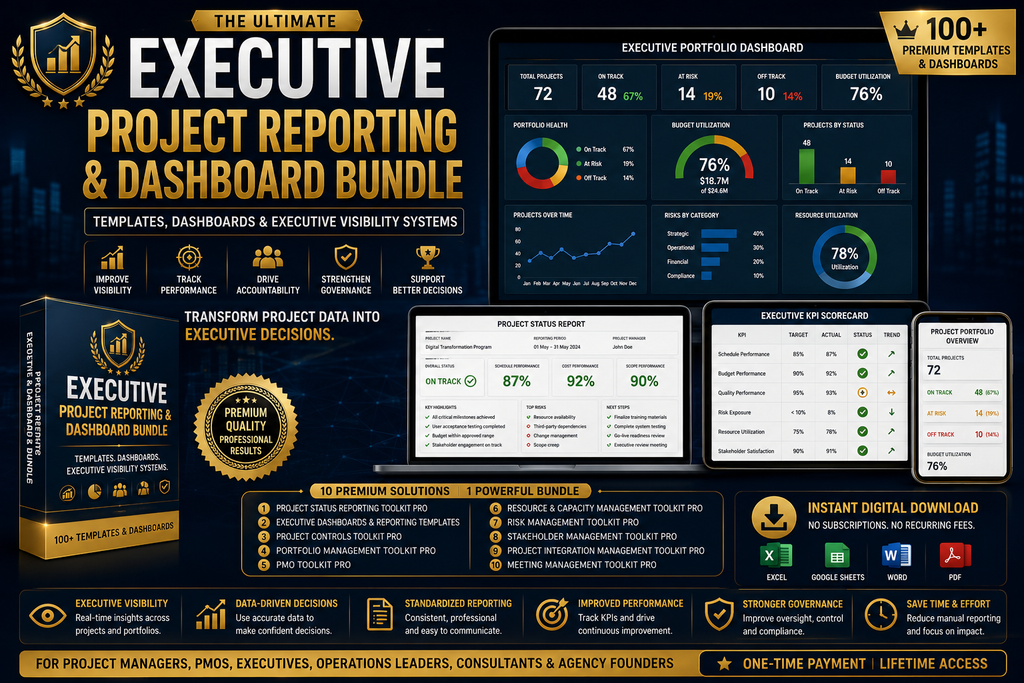 Executive Project Reporting & Dashboard Bundle — promotional graphic: ExecutiveProjectReportingandDashboardBundlecoverwithKPIdashboardsandexecutivereportingsystems.