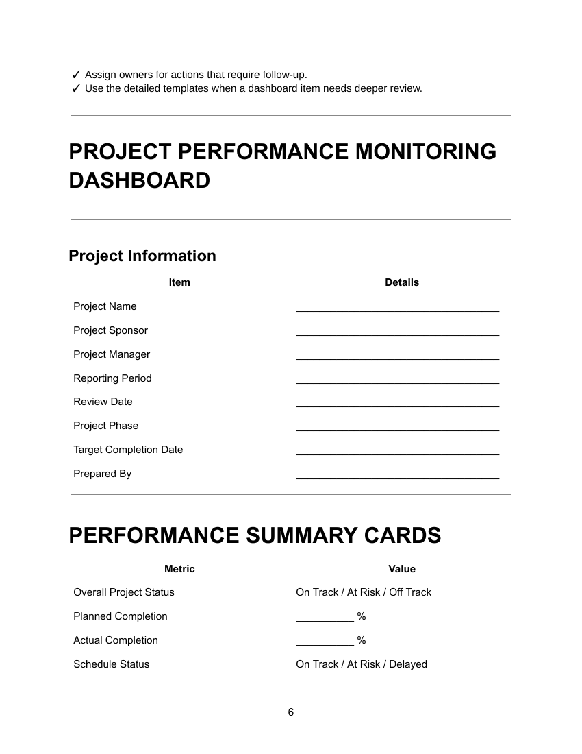 Project Delivery Excellence Bundle — actual Project Performance Monitoring Toolkit Pro screenshot showing the Project Performance Monitoring Dashboard.