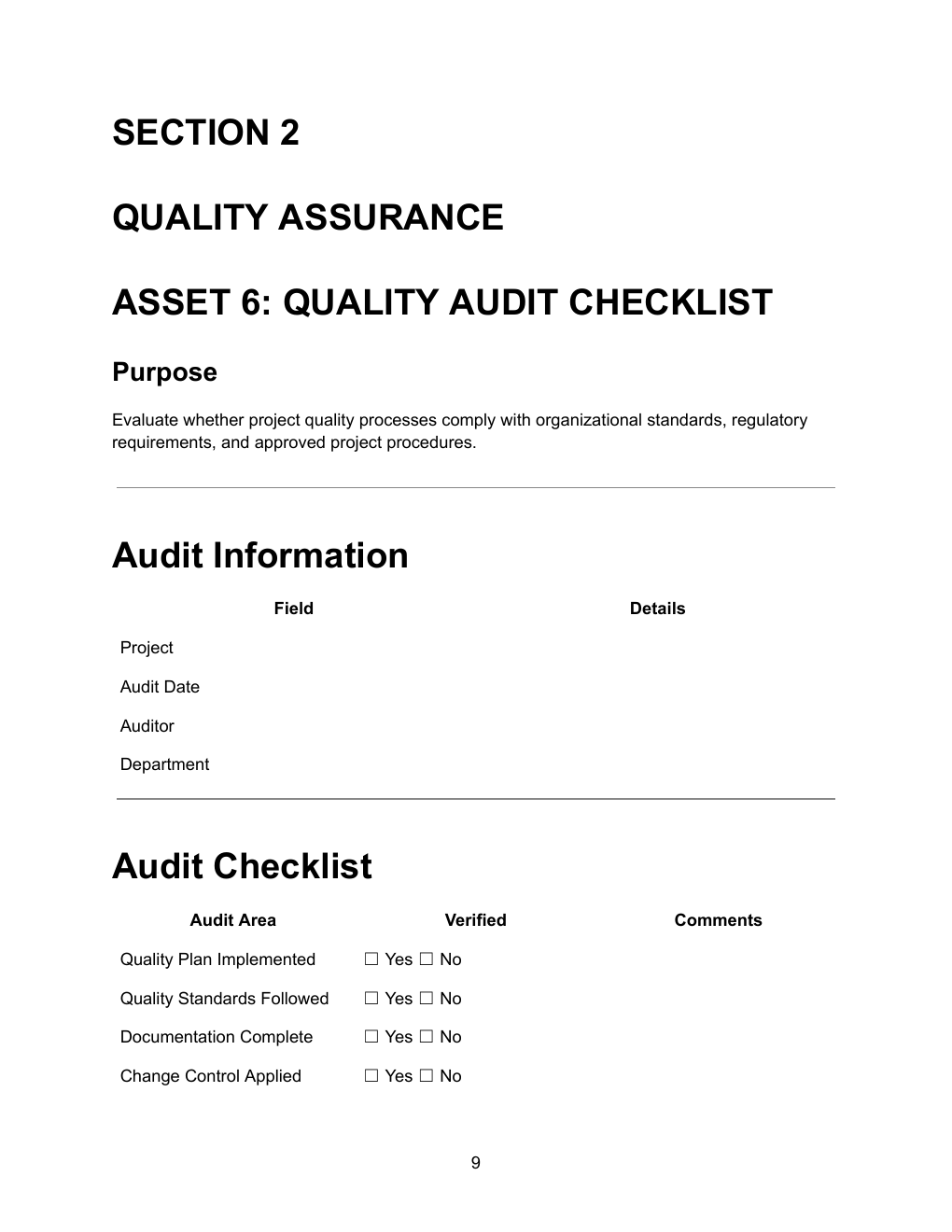 Project Delivery Excellence Bundle — actual Project Quality Management Toolkit Pro screenshot showing the Quality Audit Checklist.
