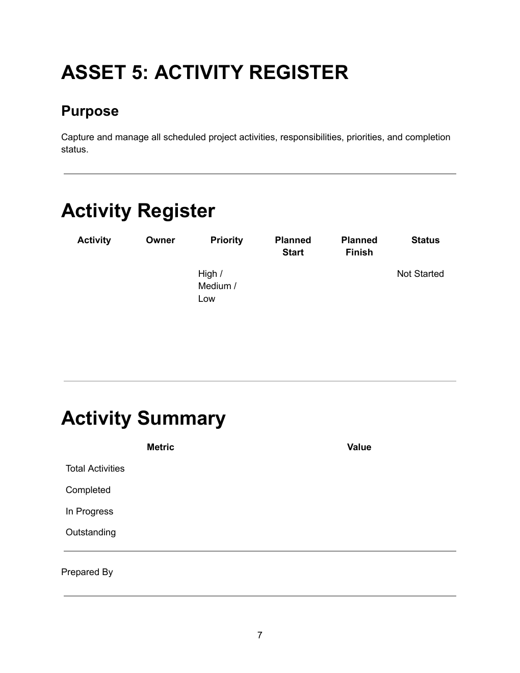 Project Delivery Excellence Bundle — actual Project Scheduling Toolkit Pro screenshot showing the Activity Register.