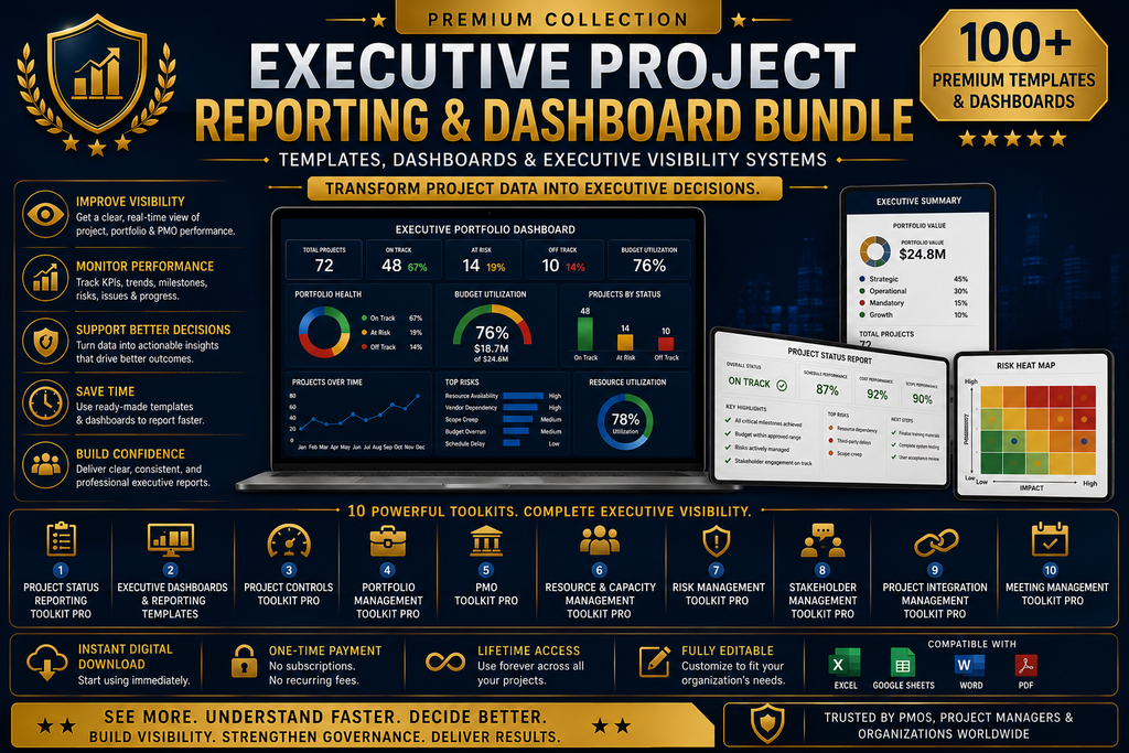 Executive Project Reporting & Dashboard Bundle — promotional graphic: Premium executive reporting and dashboard collection banner.