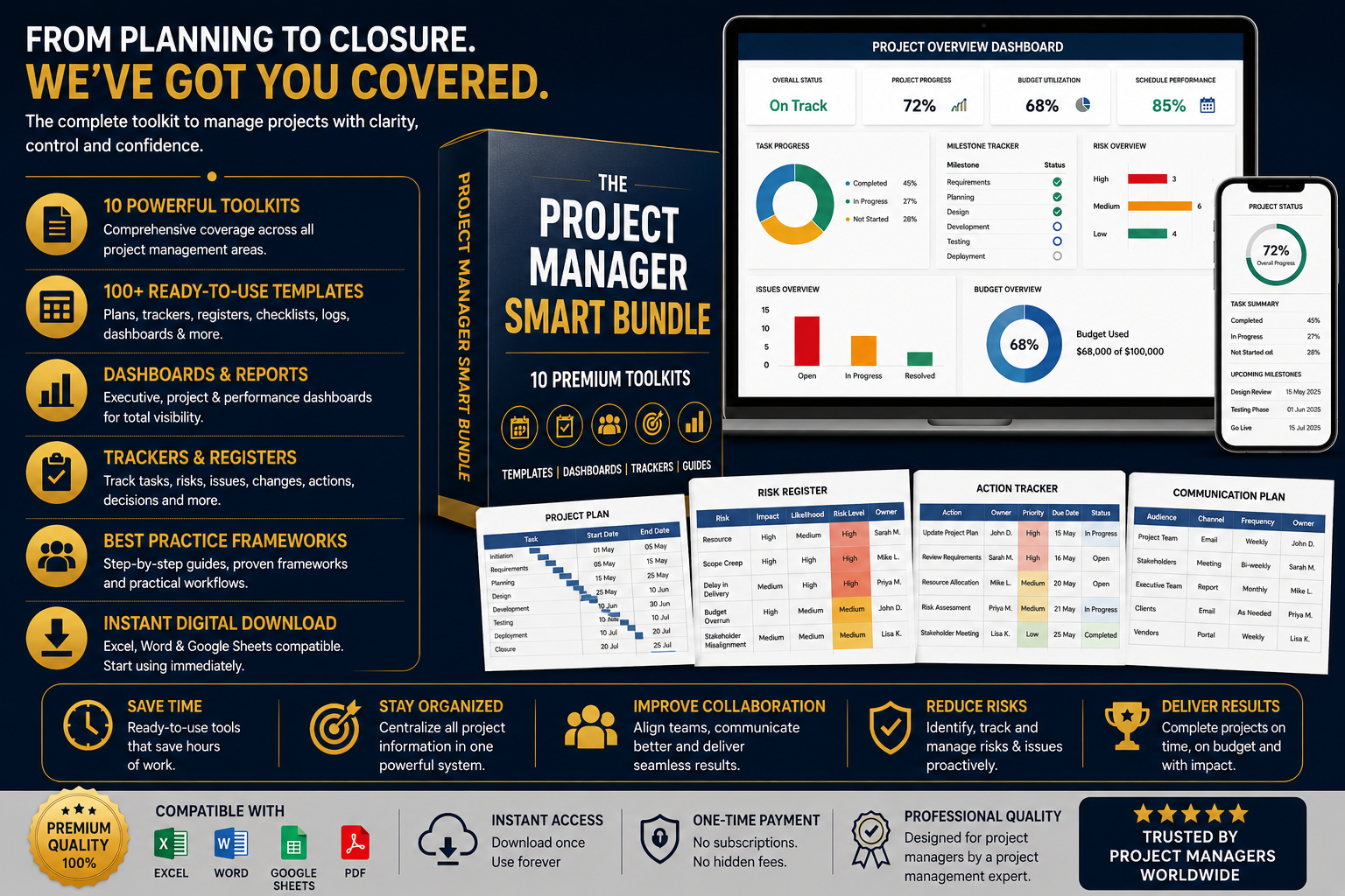 Project Manager Starter Bundle | Templates, Dashboards & Project Management Essentials