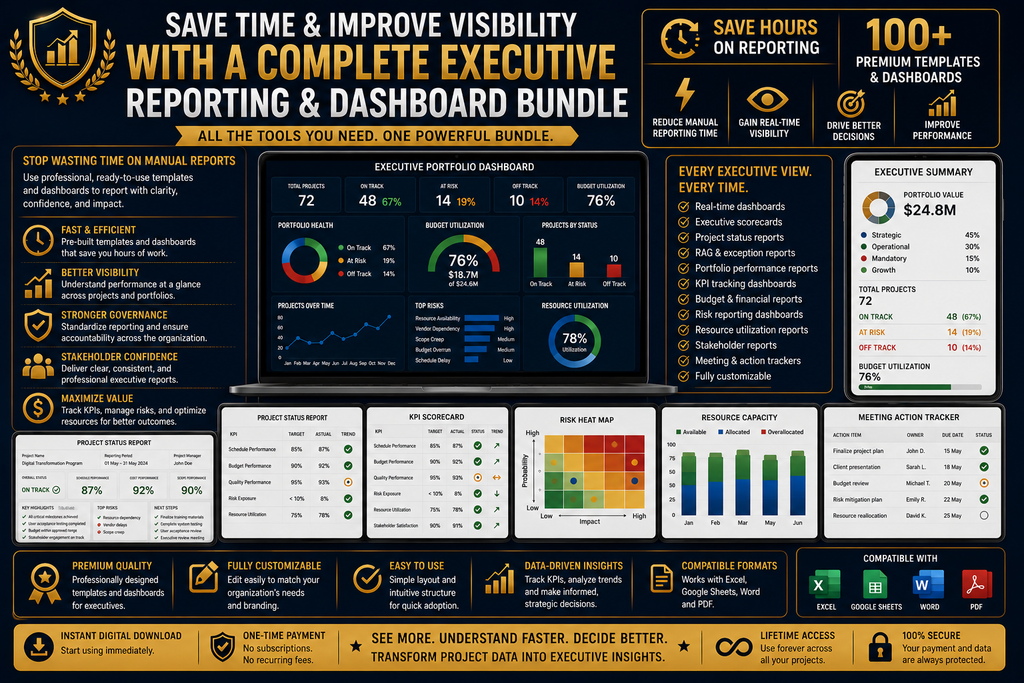 Executive Project Reporting & Dashboard Bundle — promotional graphic: Project reporting dashboards and KPI scorecards promotional graphic.