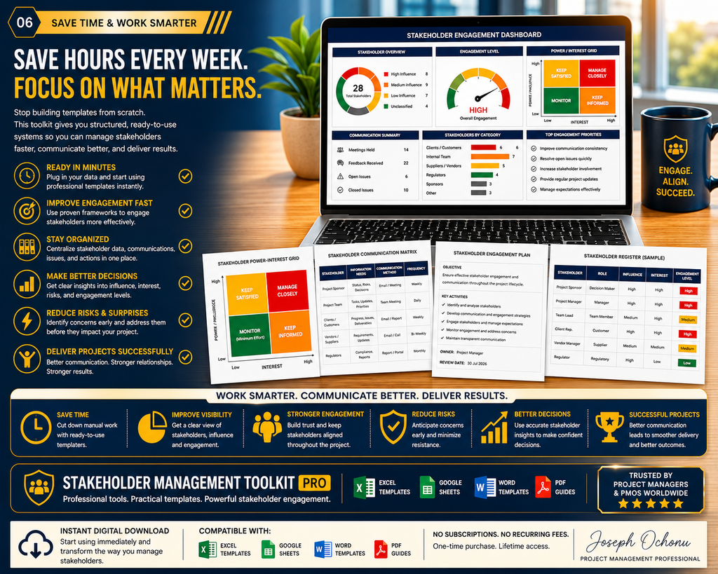 Stakeholder Management Toolkit Pro – Matrices, Dashboards & Communication System