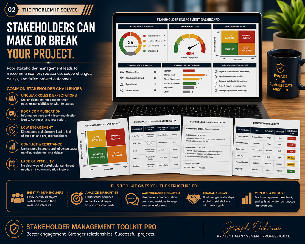 Stakeholder Management Toolkit Pro – Matrices, Dashboards & Communication System
