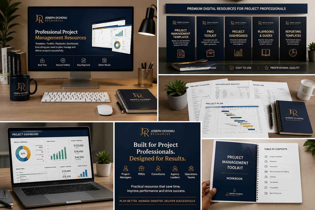 Premium digital project management resources collection: templates, PMO toolkit, dashboards, playbooks, and reporting templates