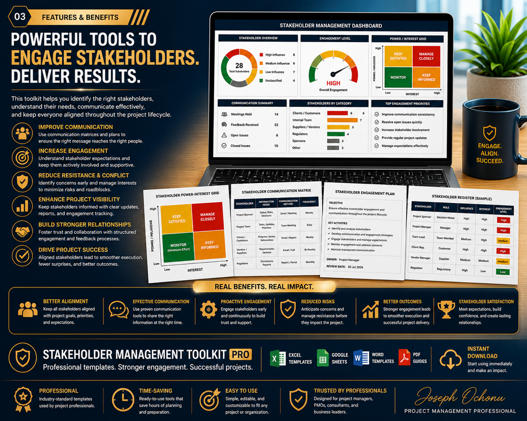 Stakeholder Management Toolkit Pro – Matrices, Dashboards & Communication System