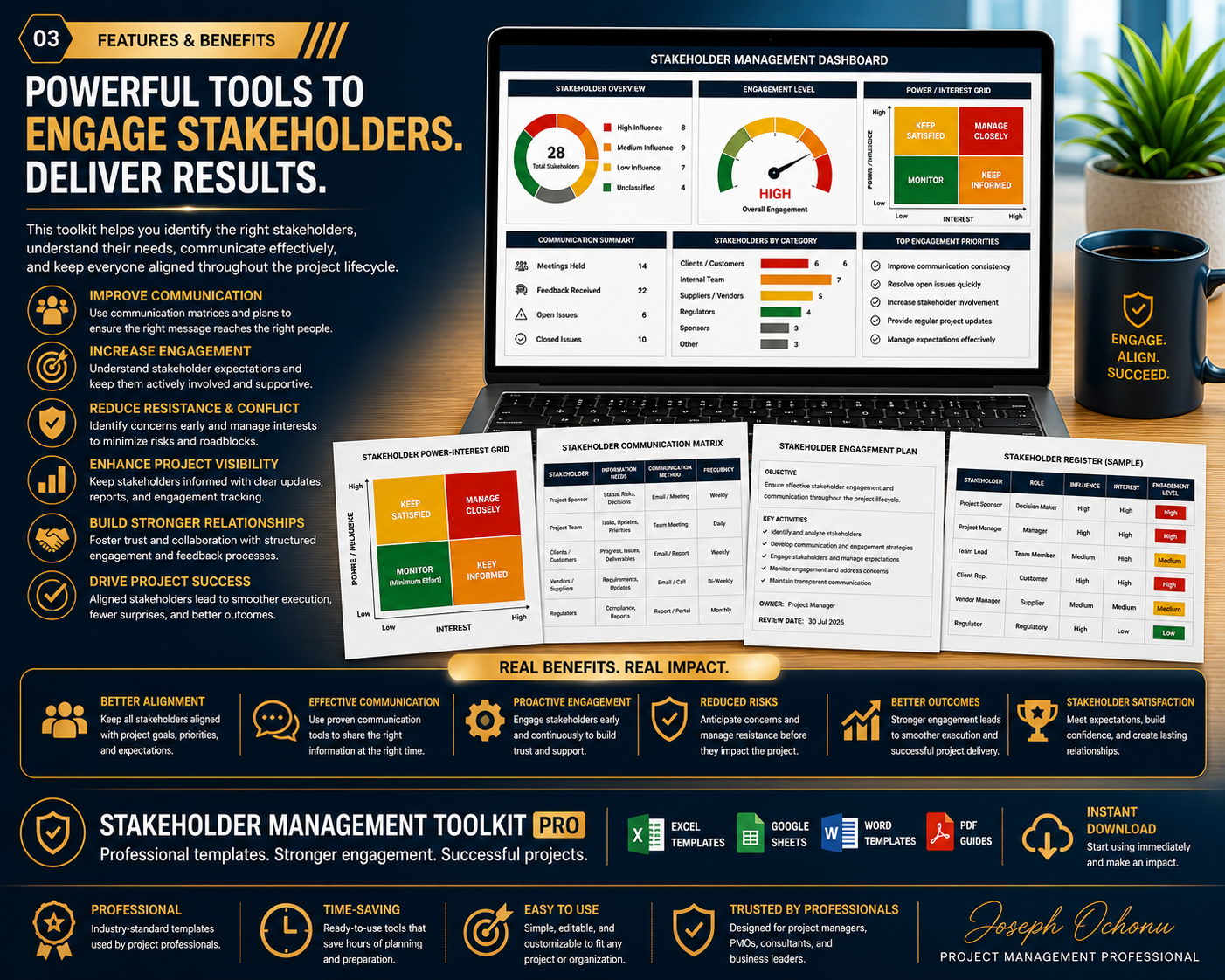 Stakeholder Management Toolkit Pro – Matrices, Dashboards & Communication System